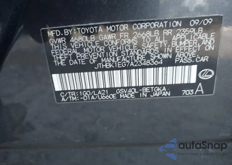 2010 Lexus Es 350 z USA, uszkodzony, nr VIN JTHBK1EG7A2348364